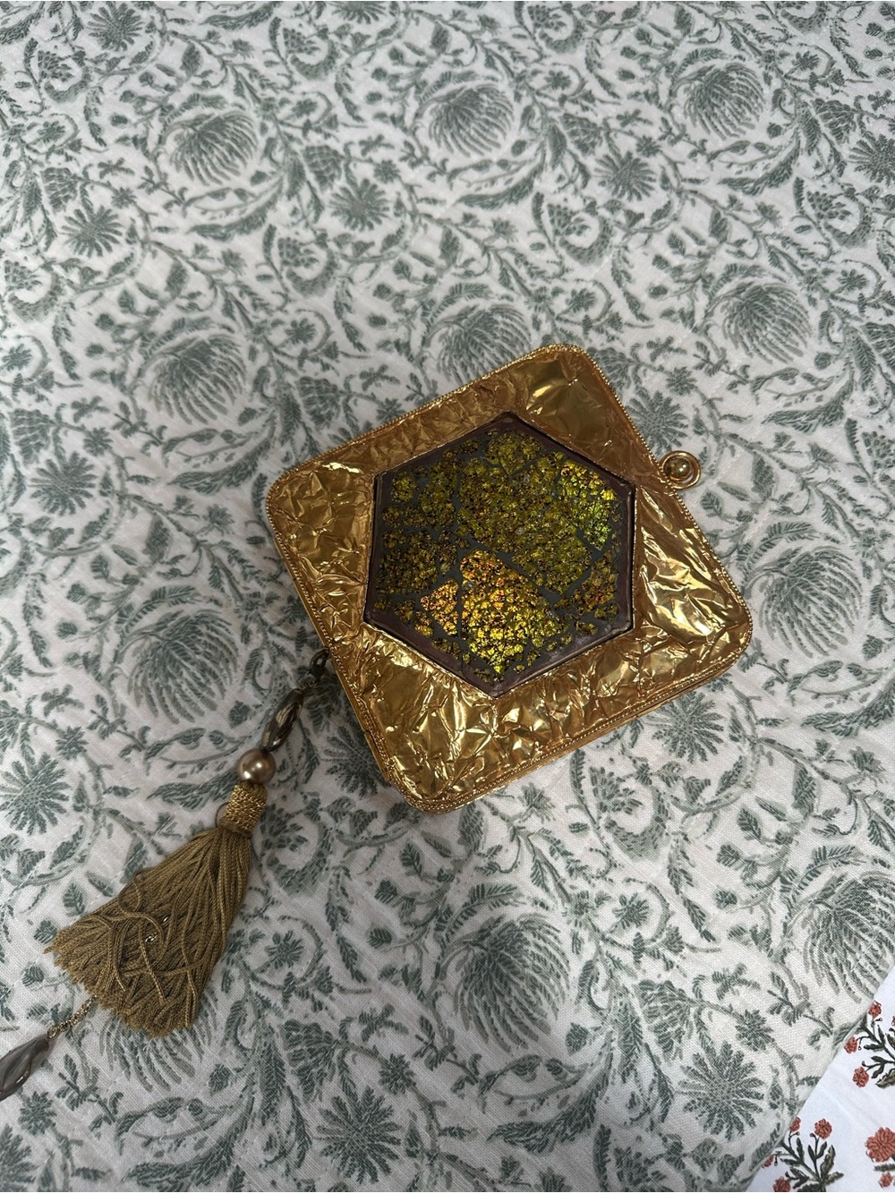Gold Metallic Evening Clutch with Hex Glitter Accent